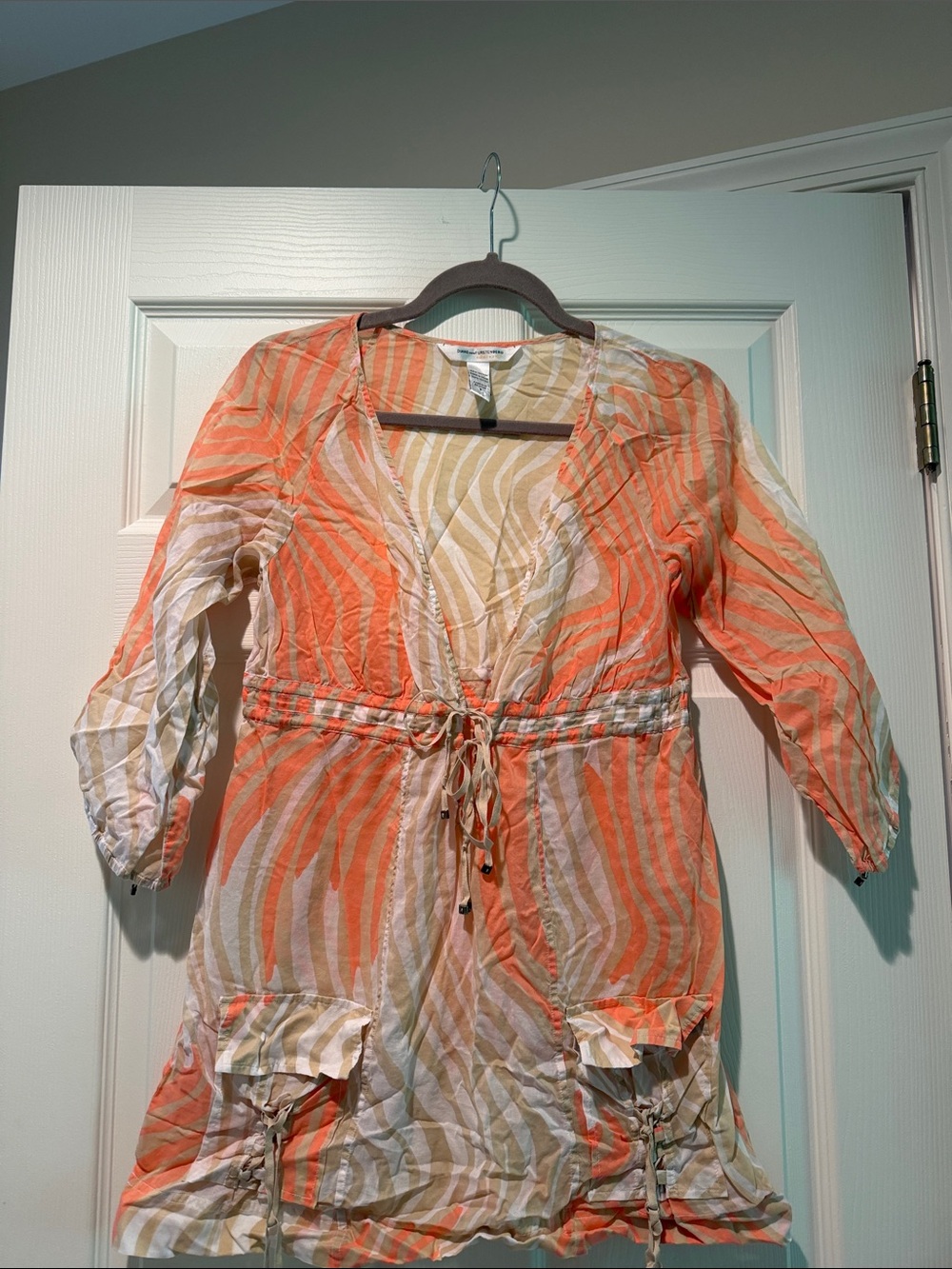 Diane Von Furstenberg Orange White and Tan Striped Swim Coverup